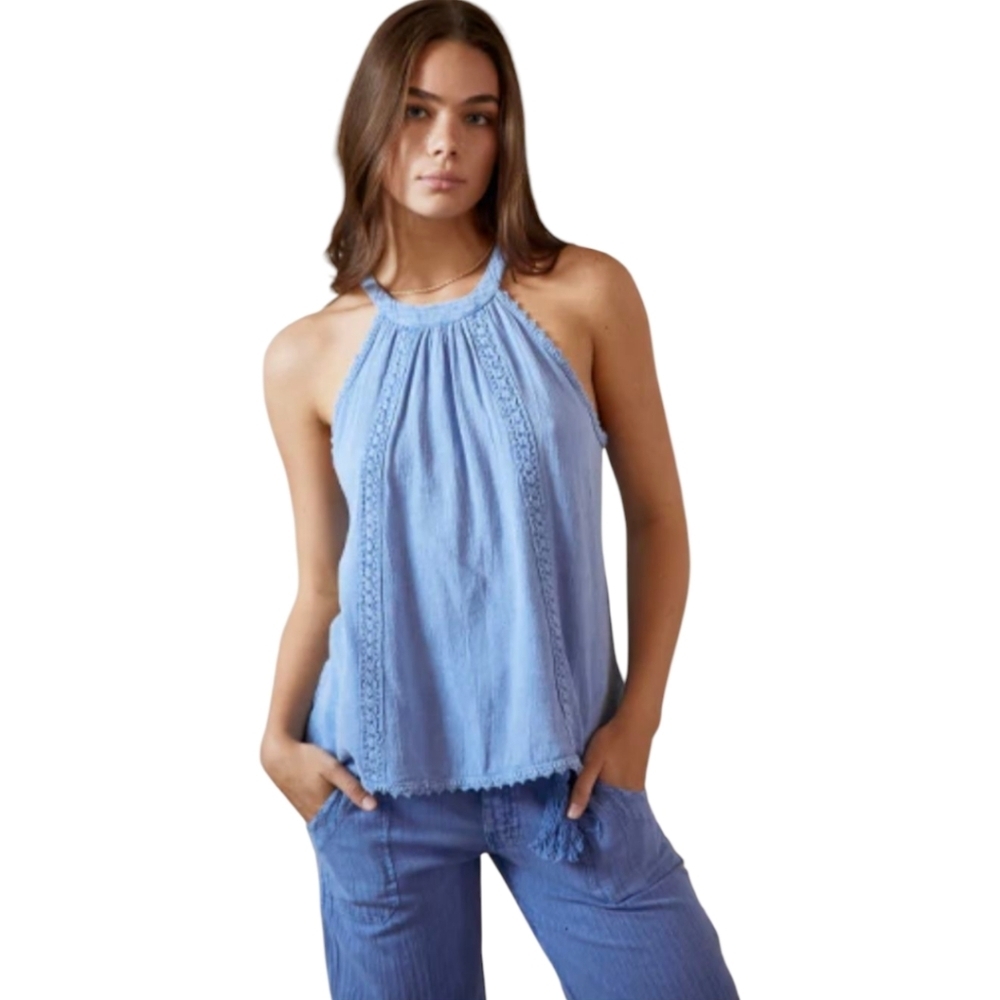 Blanco by Nature Ella Embroidered Halter Top Blue 100% Cotton Size Small